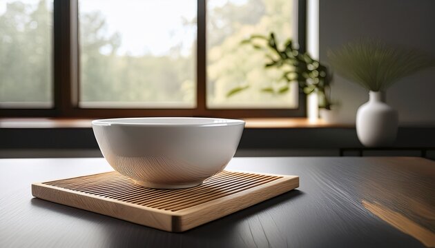 minimalist square white ceramic bowl on wooden slatted trivet on dark table against window modern kitchenware aesthetic