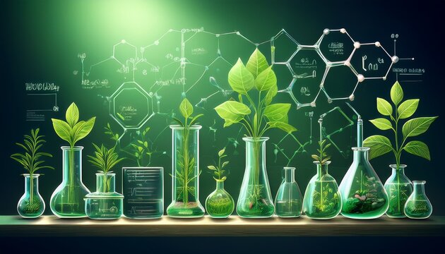 biology laboratory of nature and science plants with biochemical structure and chemical formula on green background generative ai