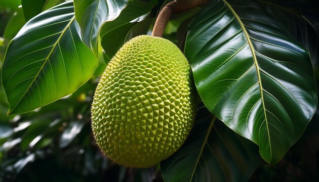 vibrant breadfruit on the tree with lush green leaves around it