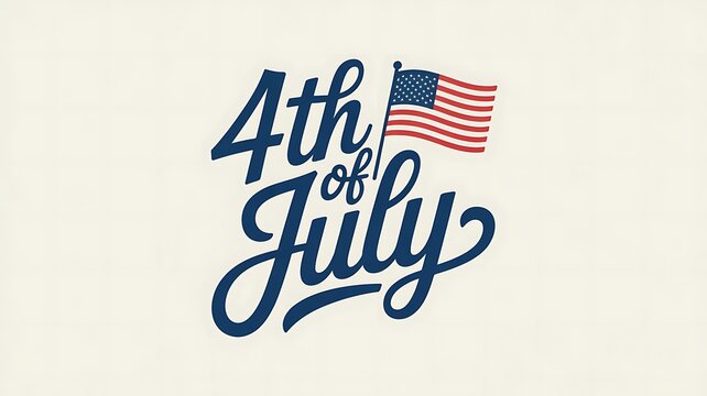 4th of July lettering with a small American flag emblem on a soft off-white background patriotic invitations and holiday announcements Keywords: 4th of July, Independence Day, American flag, text
