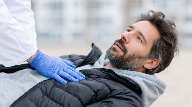 Man receiving chest compressions from responder outdoors