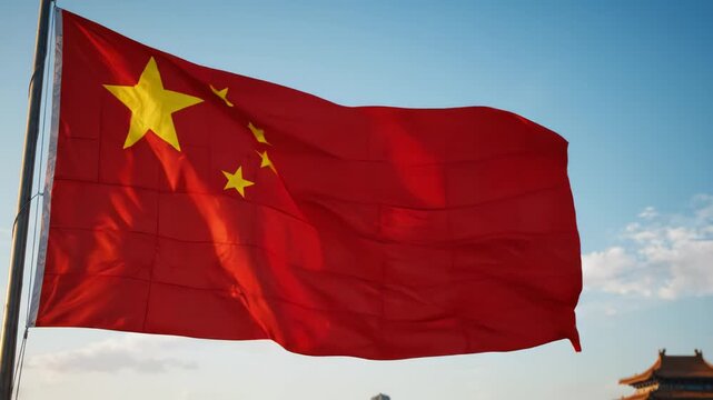 Chinese flag waving in sky