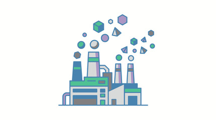 Naklejka premium Factory Emitting Floating Geometric Shapes Instead of Smoke, Creative Industry Flat Vector Illustration.