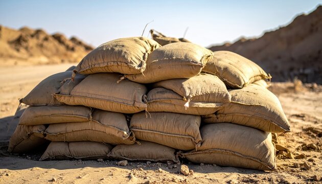 A tightly packed stack of sandbags forms a robust defensive military barrier under a clear sky
