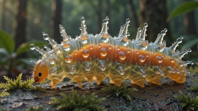 Colorful caterpillar with dew drops on forest floor in morning light  