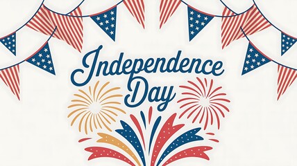 Obraz premium Independence Day celebration with bunting flags fireworks and script text on a white background Keywords: Independence Day, 4th of July, USA, United States, celebration, holiday, patriotism