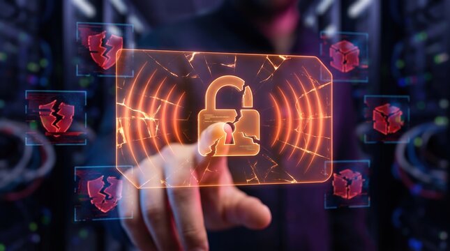 Cybersecurity Data Breach Concept: Executive Pointing at Glowing Holographic Interface with Broken Padlock and Threat Icons