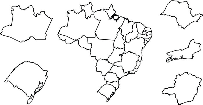 Brazil map with states regional borders and individual state outlines line vector infographic set