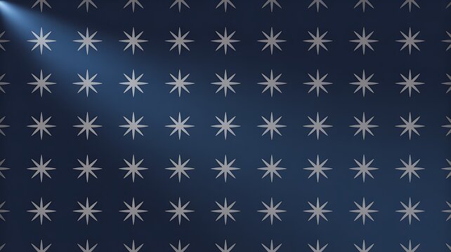 Repeating Pattern of Stylized White Stars on a Dark Blue Background with a Subtle Spotlight Effect Keywords: stars, pattern, repeating, background, dark blue, white, stylized, geometric