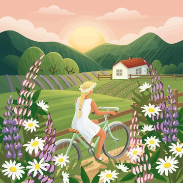 Woman rides bicycle through vibrant flower field towards rural house at sunset