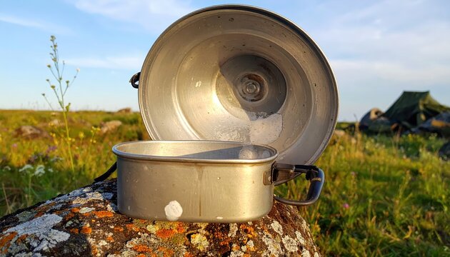An empty soldier's metal mess kit washed and sitting on a lichen-covered rock to dry in the sun.