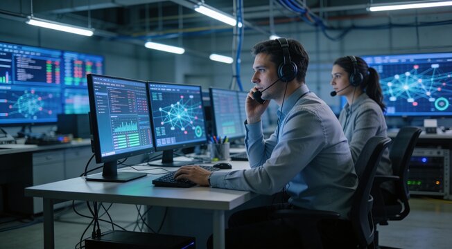Professional IT Technical Support Specialist and Software Developer Working on Computer in Monitoring Control Room with Digital Screens. Employee Wears Headphones with Mic and Talking on a Call.