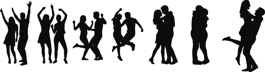 Fototapeta premium Silhouettes of couples dancing, celebrating, and embracing, symbolizing love, joy, connection, romance, human interaction, and expressive lifestyle themes