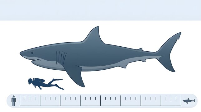 Large illustrated great white shark swimming alongside tiny human diver for informative size comparison vector graphic design content.