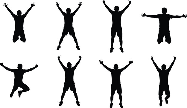 Silhouettes of people performing jumping jack exercises, symbolizing fitness, physical activity, workout routine, exercise progression, and healthy lifestyle concepts