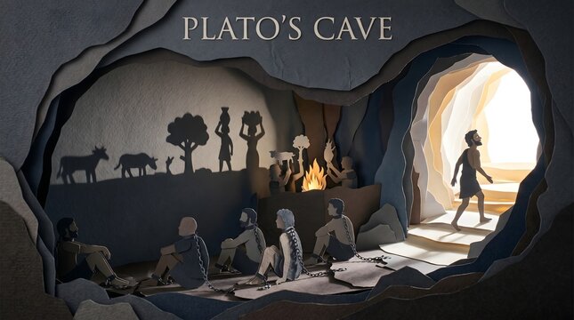 A detailed paper-cut diorama illustrating Plato's Allegory of the Cave, showing prisoners watching shadows of puppets while one individual escapes toward the light of true reality.