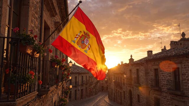 Spanish flag waving on a cobblestone street