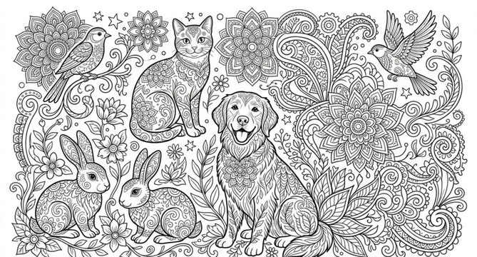 Art therapy pet coloring page with doodle zentangle engraving style vector illustration isolated on white