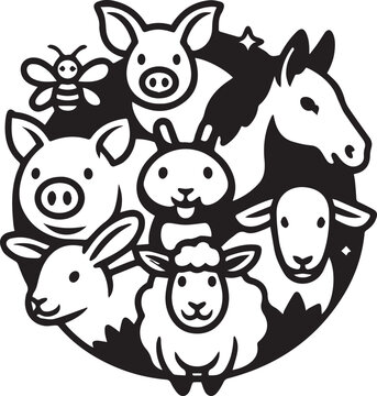 Black and white farm animals illustration with bee and horse