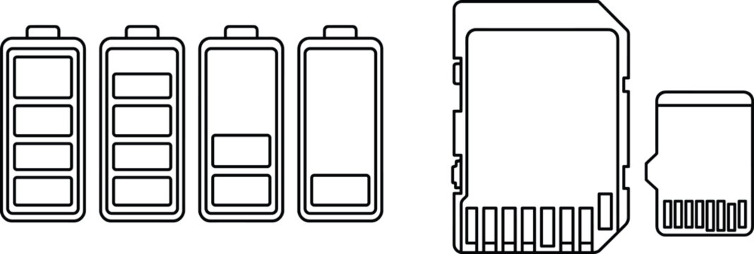 Battery charge levels and SD memory cards line icons set for technology hardware storage design