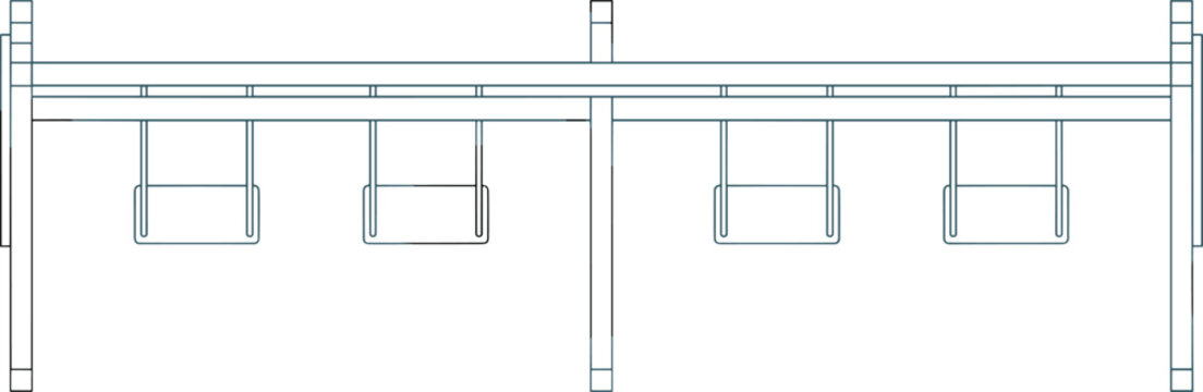 Line drawing of a monkey bar set with multiple swings, depicting outdoor play structure for children.