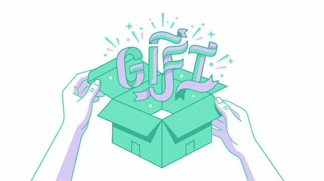 Hands opening a mint green gift box with the word GIFT made of lavender ribbon letters popping out surrounded by sparkles
