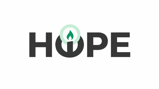 HOPE wordmark with stylized candle flame in the letter O, a minimalist vector graphic design on a white background