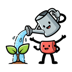 Obraz premium Watering can character pouring water on a green plant with a red pot mascot vector illustration for gardening and environmental care