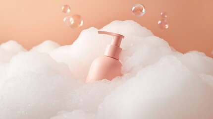 Fototapeta premium Pink lotion bottle surrounded by fluffy white foam and floating bubbles, skincare concept.