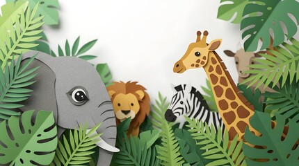 Naklejka premium Diverse jungle wildlife emerging amidst vibrant green tropical foliage, creatively designed paper craft illustration, clear white backdrop, ideal commercial use.