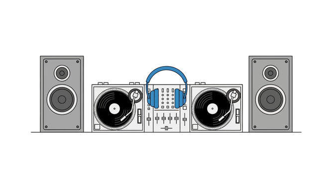 DJ Turntables and Speakers with Headphones, Music Equipment Setup