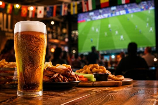 A frosty glass of lager beer on a wooden table in a lively sports bar, with delicious pub food like chicken wings and onion rings, against a blurred big screen showing a soccer match.