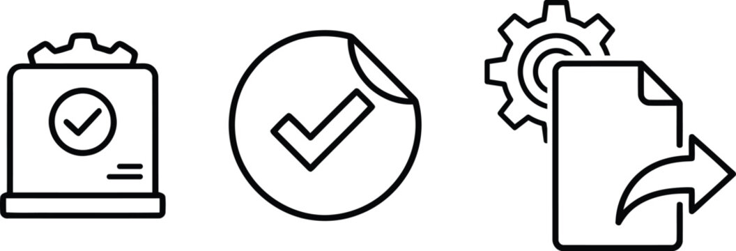 Set of three black line icons showing document process check mark and export file symbol