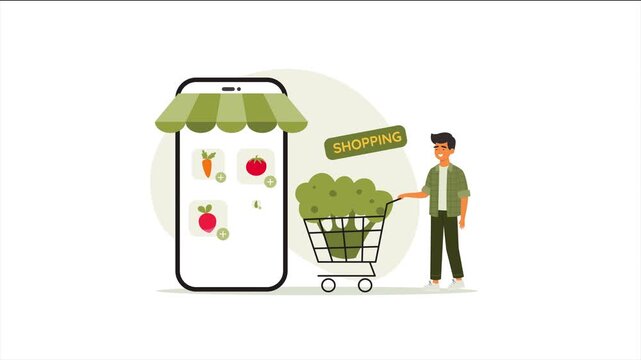 Online Grocery Shopping and Mobile Food Retail Animation: Customer with Shopping Cart Full of Broccoli at Smartphone Supermarket Storefront, Seamless Loop.