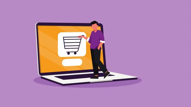 Laptop E-commerce Interface and Web Based Online Shopping Animation: Man Presenting Shopping Cart Icon on Computer Screen, Purple Background, Seamless Loop.