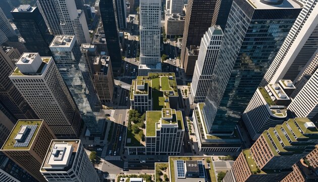 Aerial view of a dense urban cityscape with green rooftops