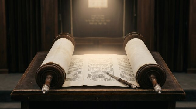 Mystical scripture expressed through glowing Torah scrolls symbolizing holiness, devotion, and sacred tradition