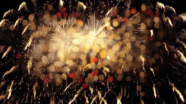 Spectacular golden fireworks display bursting brightly against a dark night sky with vibrant sparks 4k video