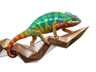 Naklejka premium Vibrant chameleon with colorful scales perched on a modern geometric wooden sculpture against a clean white background.