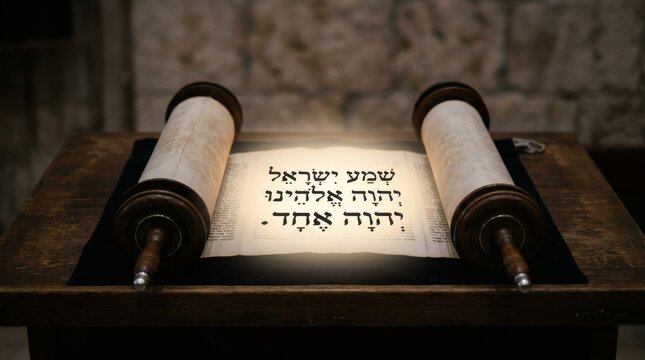 Minimalist faith expressed through glowing Torah scrolls symbolizing holiness, devotion, and cultural identity