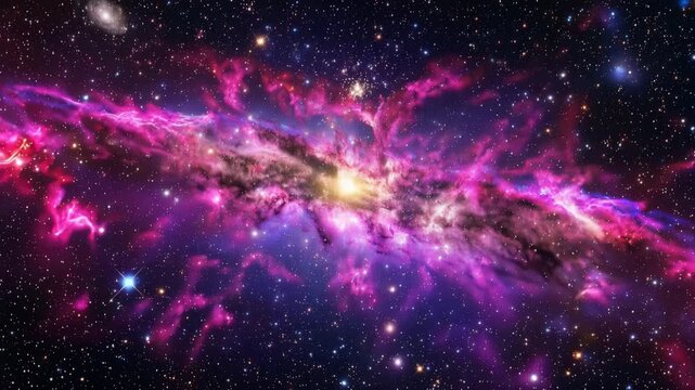 Cosmic nebula with vibrant pink and purple hues showcasing star formation and interstellar dust clouds 4k video
