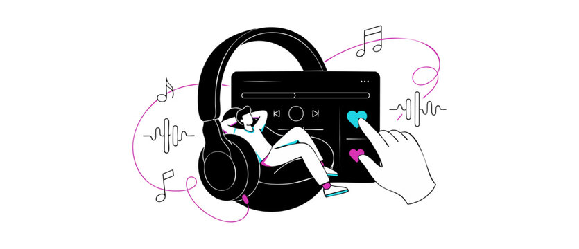 Music streaming app vector illustration of man listening to playlist with headphones, relaxing on audio player screen and clicking like button for web design podcast and digital audio technology.