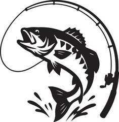 Obraz premium Black and white illustration of a fish jumping out of water caught on a fishing rod