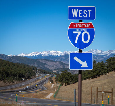 Gateway to the Rockies. Interstate 70 looking west from Denver toward the Rocky Mountains.