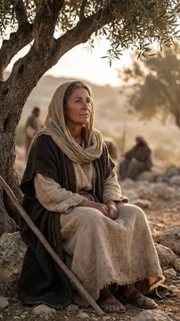 Israelite spiritual guide: Deborah figure, prophetess woman, Judge wisdom, Lapidoph wife, biblical narrative, Israel nation, ancient era, olive tree, desert landscape, contemplative thought.