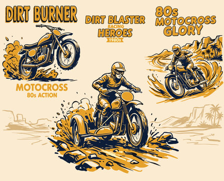 Vintage 80s motocross racing illustration set. Retro dirt bike rider action. Hand drawn motorcycle desert adventure. Off road sports graphics.