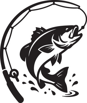 Black and white illustration of a fish jumping out of water caught on a fishing rod
