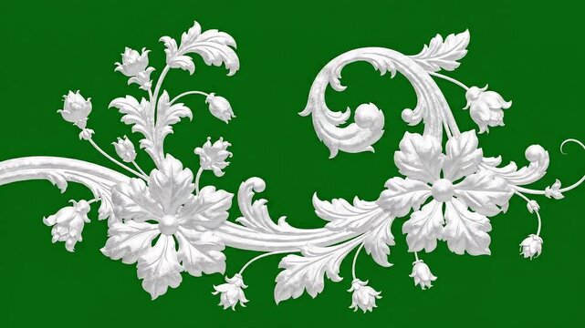 Elegant white plaster floral ornament growing and swirling into full bloom on a chroma key green screen
