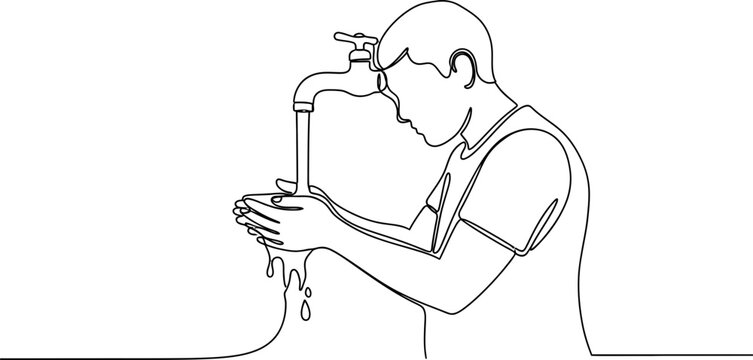 Man Washing Hands Under Running Water From Faucet, Continuous Line Art