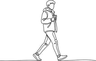 Fototapeta premium Minimalist Line Art: Man Walking with Coffee Cup, Casual Style
